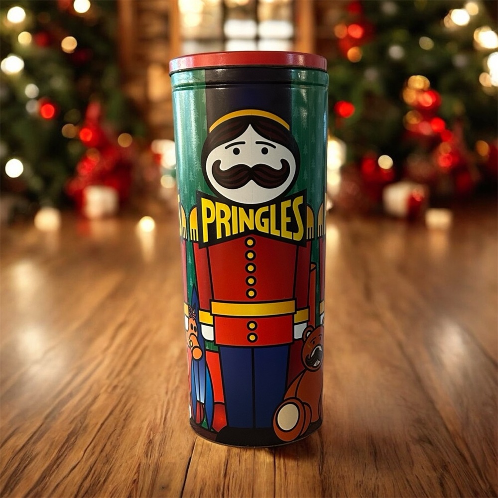 Pringles nutcracker Decorative Tin with Soldiers, rocking horse, teddy bear 16”